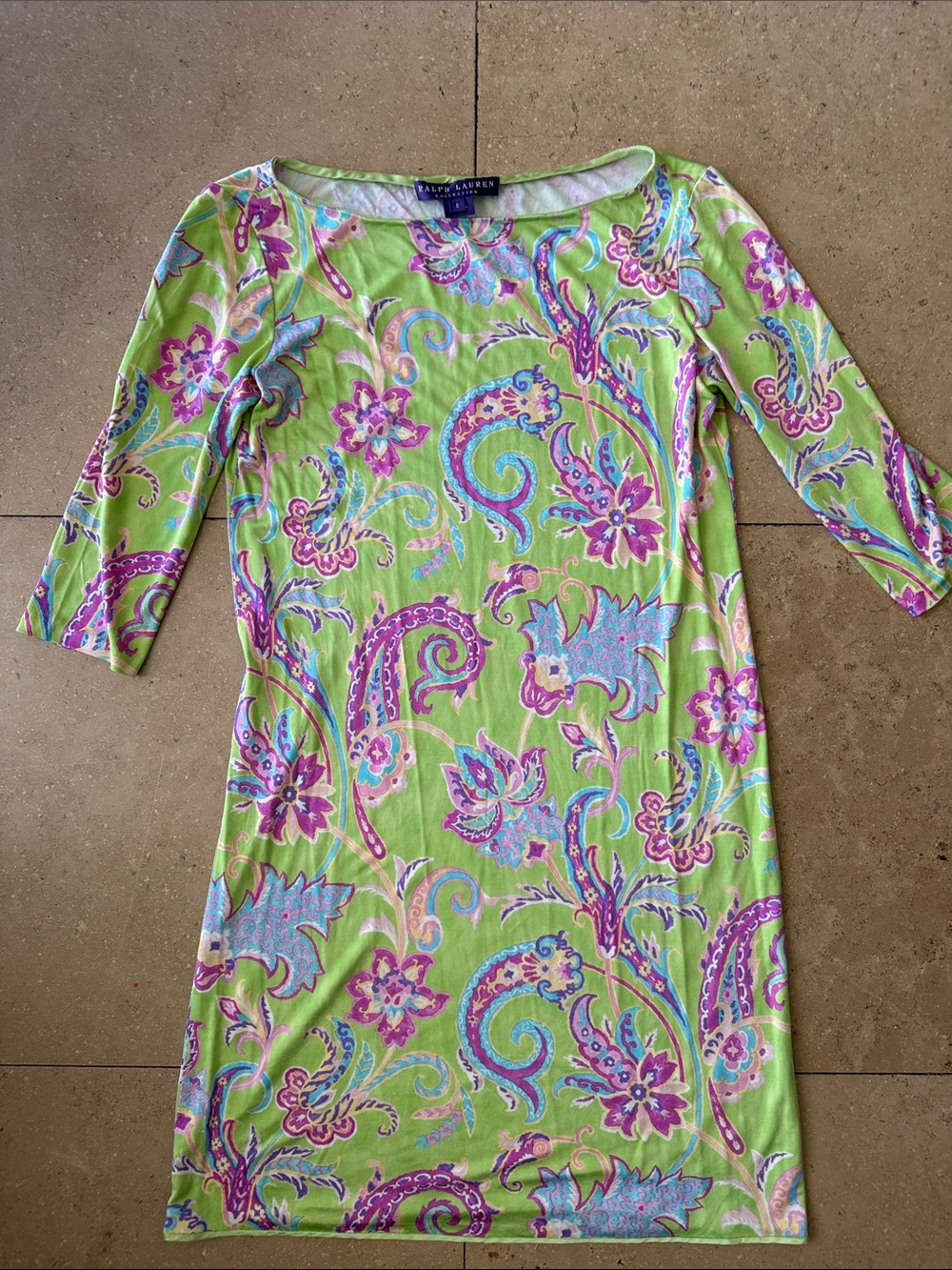 Ralph Lauren Purple Label Lime Green Paisley Midi Dress with Pink & Blue Accents